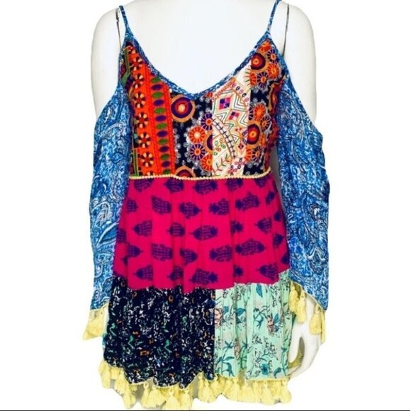 PRETTY LITTLE THING BOHEMIAN MULTICOLOUR PATCHWORK TOP WOMEN SIZE 0 - Picture 1 of 13